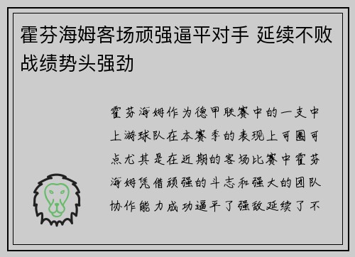 霍芬海姆客场顽强逼平对手 延续不败战绩势头强劲