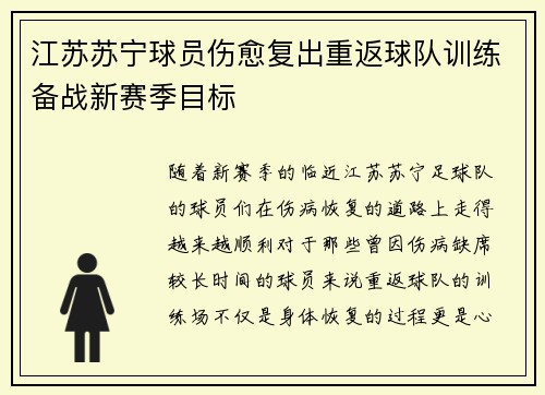 江苏苏宁球员伤愈复出重返球队训练备战新赛季目标
